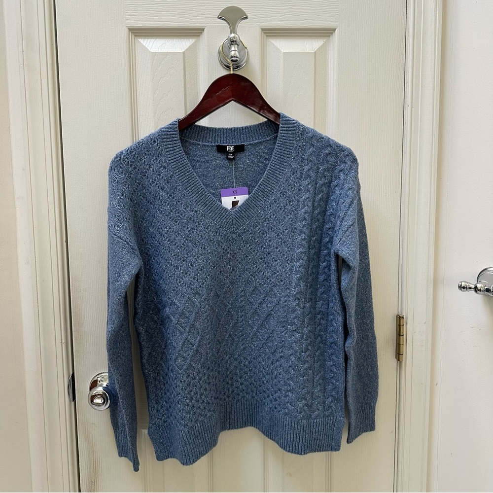 NWT Frye Women's Patchwork Blue V-Neck Sweater size XS